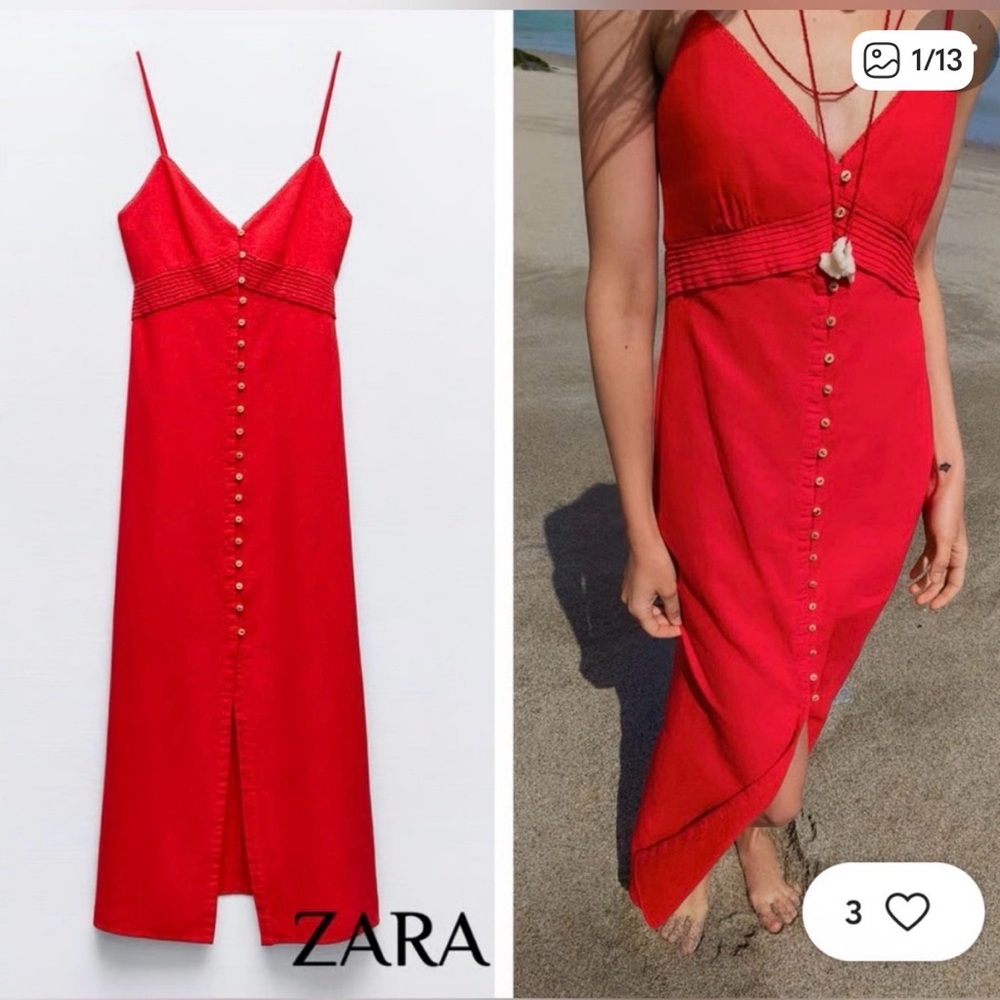 ZARA Red Linen Blend Button-Front Midi Dress